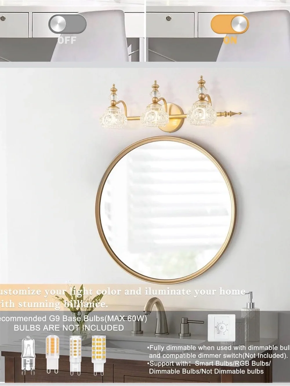 Bathroom Vanity Light Fixtures, Farmhouse Vintage Wall Sconce Lighting with G...